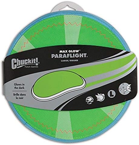 Chuckit Max Glow Paraflight Flying Disc Dog Toy, Large (9.75"), Green And White