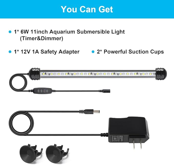 6W 11inch Submersible Aquarium Light Underwater Fish Tank Light LED Aquarium Light Bar with Timer Auto On/Off and Dimmer Adjustable Brightness, 1 Yr Warranty