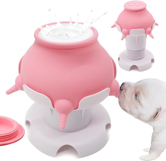 Puppy Feeder for Multiple Puppies, vocheer 240ml Puppy Milk Feeding Station with Adjustable Height, Food-Grade Silicone 5 Artificial Nipples, Convenient and Efficient Pet Nursing Bottle-Pink