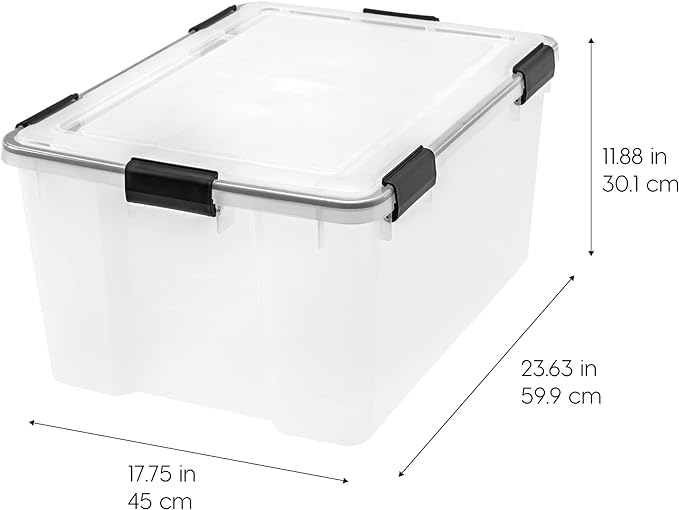 IRIS USA 63 Qt Storage Box with Gasket Seal Lid, 2 Pack - BPA-Free, Made in USA - Heavy Duty Moving Containers with Tight Latch, Weather Proof Tote Bin, WEATHERPRO - Clear/Black