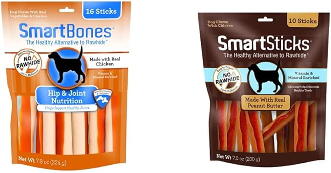 SmartBones Chicken Dog Chews Hip Joint (16 Sticks) and SmartSticks Peanut Butter Dog Chews (10 Count)