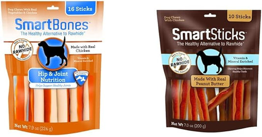 SmartBones Chicken Dog Chews Hip Joint (16 Sticks) and SmartSticks Peanut Butter Dog Chews (10 Count)