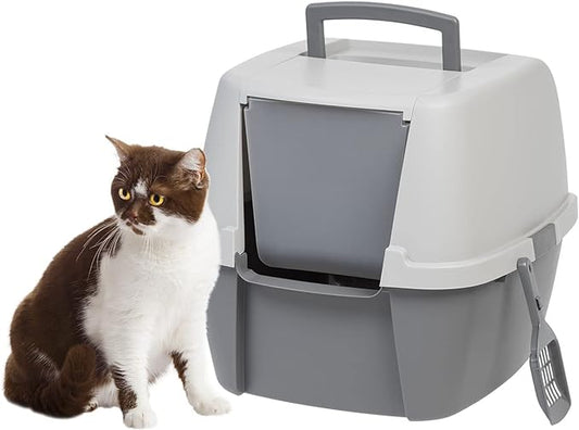 IRIS USA Jumbo Cat Litter Box Enclosure with Front Door Flap and Scoop, Hooded Kitty Litter Tray with Handle and Buckles for Portability and Privacy, Gray