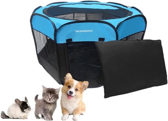 Portable Foldable Pet Playpen Exercise Pen Kennel Tent Carrying Case Indoor Outdoor Water-Resistant Removable Shade Cover for Puppies Kittens Cats Small Dogs (Blue)