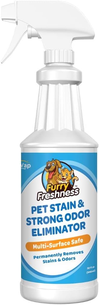 FurryFreshness Extra Strength Cat or Dog Pee Stain & Permanent Odor Remover + Smell Eliminator -Removes Stains from Pets & Kids Including Urine or Blood- Lifts Old Carpet Stains- 32oz Spray