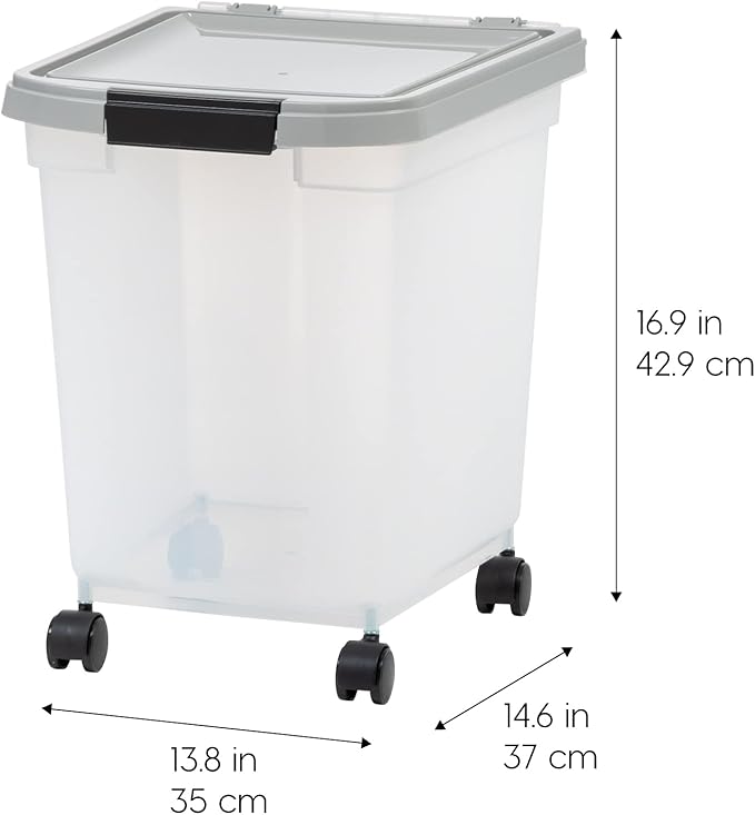 IRIS USA WeatherPro Airtight Dog Food Storage Container, Up to 25 lbs, Removable Wheels, for Dog Cat Bird and Other Pet Food Storage Bin, Keep Fresh, Translucent Body, Clear/Gray