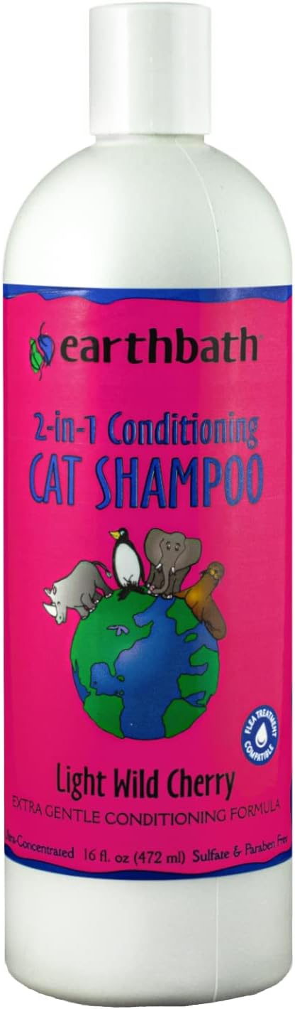 earthbath, Wild Cherry 2-in-1 Cat Conditioning Shampoo - Cruelty Free Cat Shampoo and Conditioner, Made in USA, Gentle Cat Conditioner, kitty Shampoo & Cat Supplies, Safe Cat Wash - 16 Oz (1 Pack)