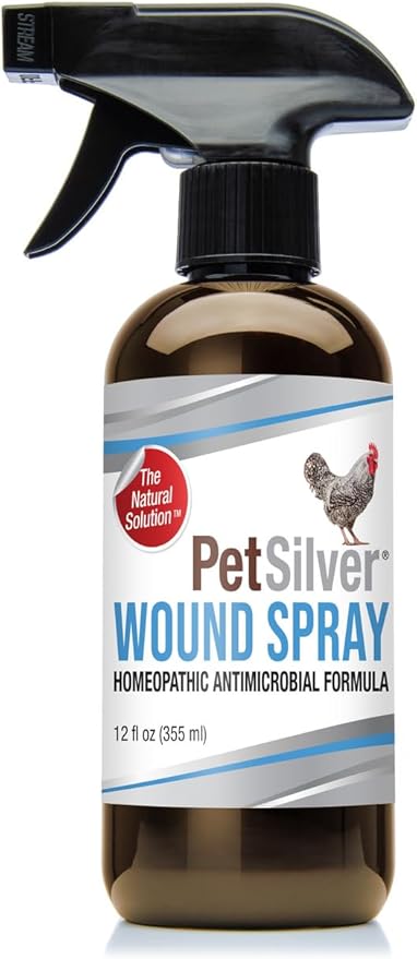 PetSilver Wound Spray Chicken & Bird Formula with Patented Chelated Silver, Healing Aid for Pecking Sores, Bumble Foot, Cuts, Wounds, Burns, and Skin Irritations, Chicken Care, Made in USA, 12 fl. oz.