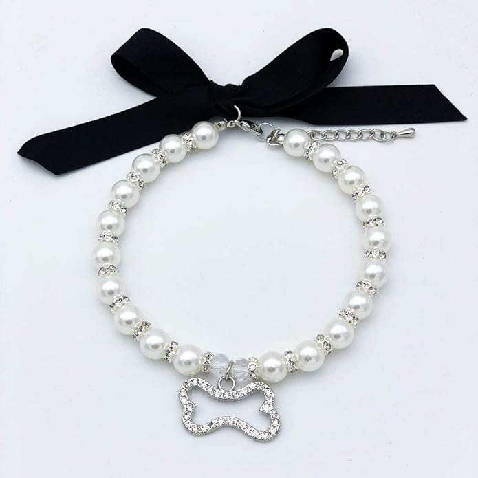 Fancy Pearl Crystal Dog Necklace Collar Jewelry for Small Dogs Puppy, Bling Cat Wedding Collar with Rhinestones Charm and Ribbon, Teacup Chihuahua Yorkie Clothes Outfits Accessories