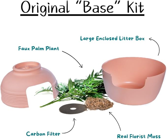 Good Pet Stuff, The Original Hidden Litter Box Base Kit, Round Enclosed Cat Litter Box Planter with Artificial Plants, Vented Carbon Odor Filter System, Florist Moss, Easy to Clean, Pink Coral