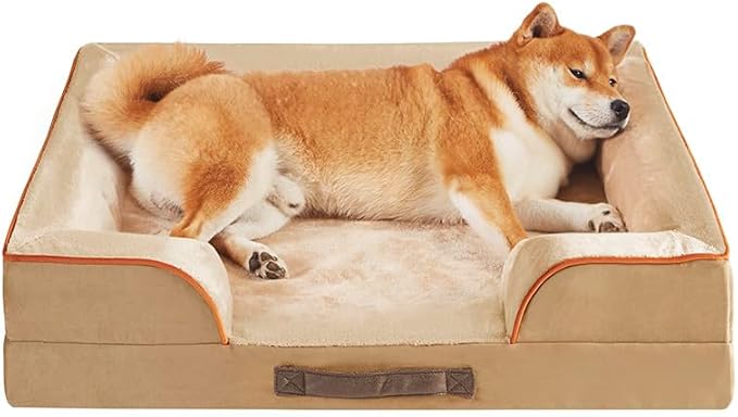 Friends Forever Orthopedic Dog Bed, Bolster Dog Bed with Memory Foam Dog Couch Sofa and Removable Washable Cover, Ally Khaki, 28x23x6.5