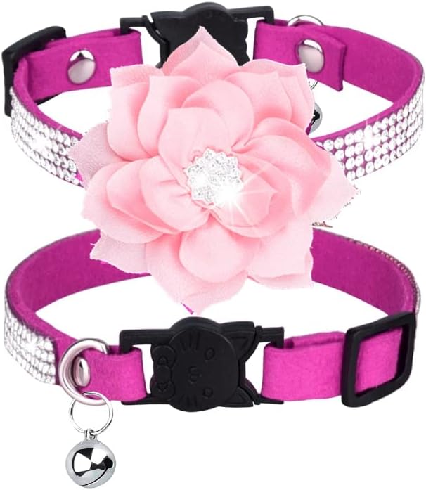 Cat Collars,Rhinestone for Girl Cats Bling Kitten Flower Adjustable Breakaway Collar with Bell Soft Velvet Leather Collar for Puppy Small Dogs (Hot Pink1)