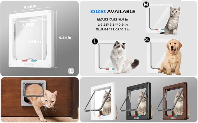 Cat Door for Window Interior Door Pet Door for Cat Exterior Door for Cats & Doggie 4 Modes Locking Suitable for Window and Wall (White,L)