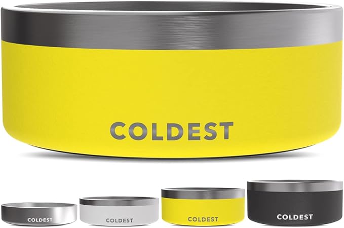 Coldest Dog Bowl - Anti Rust Metal & Non Slip Dog Bowls Large, Spill Proof Heavy Duty 3 Layers Insulated Dog Bowl - Food and Water Bowl for Dogs, Cats & Pets, Dishwasher Safe (64 oz, Solar Yellow)