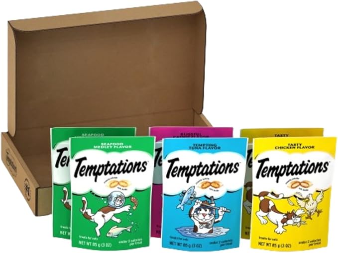 TEMPTATIONS Classic Crunchy and Soft Cat Treats Feline Favorites Variety Pack, (6) 3 oz. Pouches