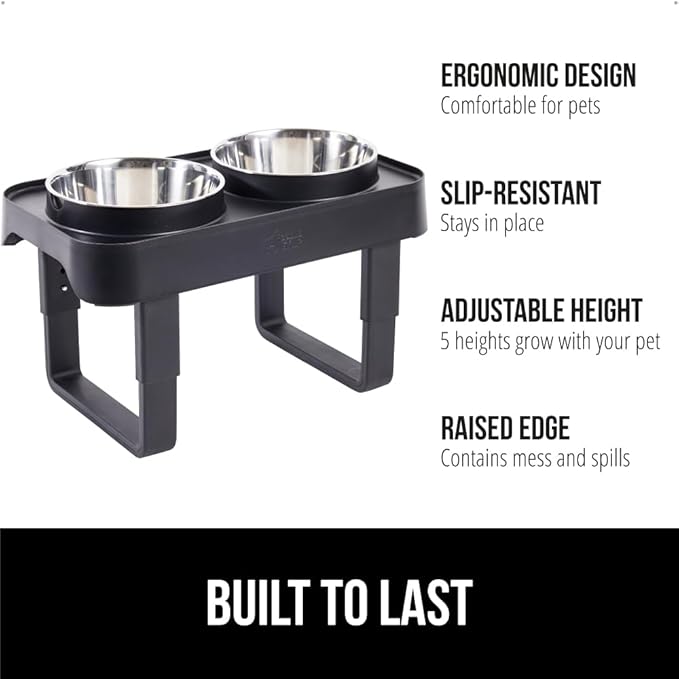 Gorilla Grip Elevated Dog Bowls Feeder, Adjustable Ergonomic Raised Bowl Stand for Cat Food and Water, Stainless Steel Rust Resistant Dishwasher Safe, Feeding Station Supplies for Dogs and Cats, Black