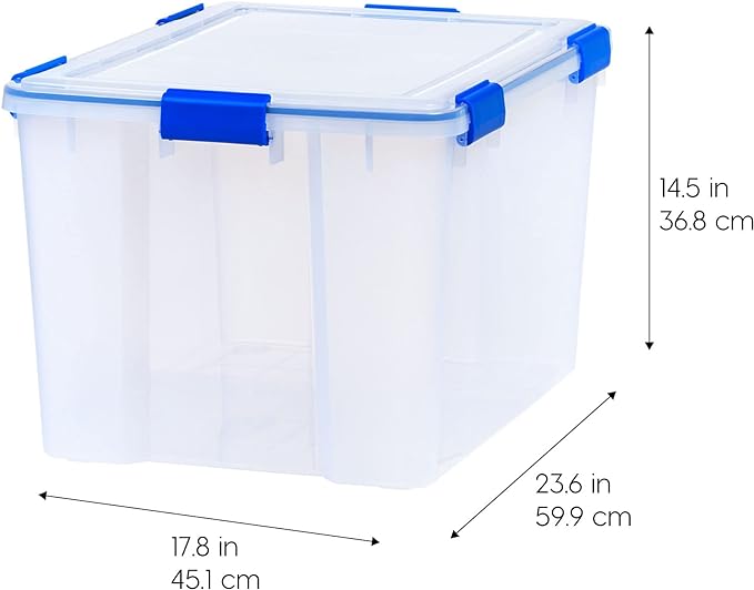 IRIS USA 74 Qt Storage Box with Gasket Seal Lid, 3 Pack - BPA-Free, Made in USA - Heavy Duty Moving Containers with Tight Latch, Weather Proof Tote Bin, WEATHERPRO - Clear/Blue