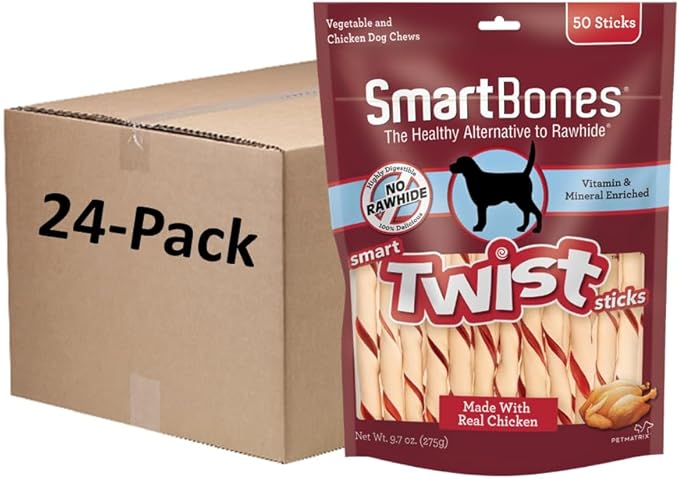 SmartBones Smart Twist Sticks, Rawhide Free Dog Chew Sticks, Made With Real Chicken, 50 Sticks (Pack of 24)