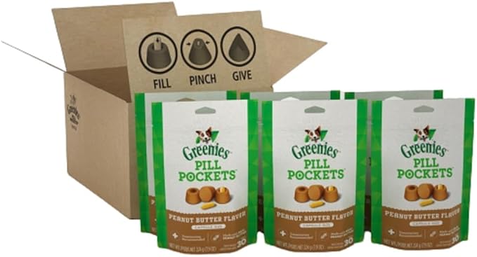 Greenies Pill Pockets for Dogs Capsule Size Natural Soft Dog Treats with Real Peanut Butter, (6) 7.9 oz. Packs (180 Treats)