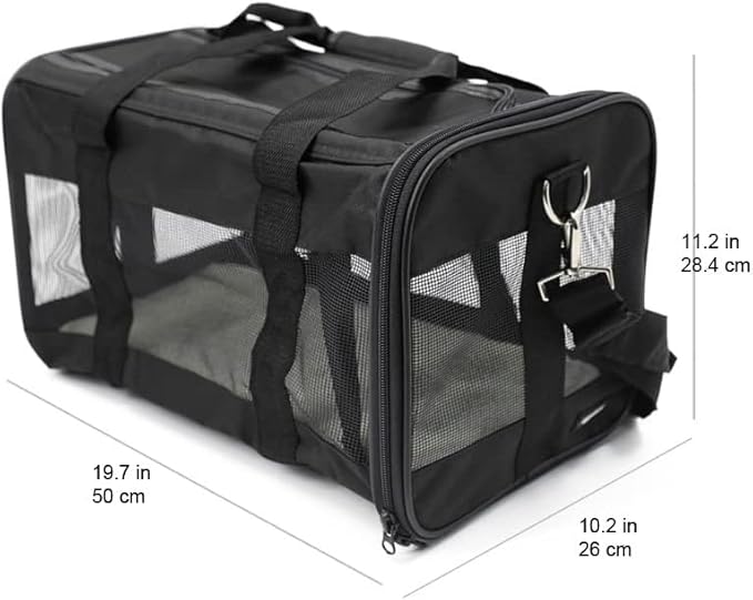 Amazon Basics Soft-Sided Mesh Pet Travel Carrier for Cat, Dog, Large, Black, 19.7 x 10.2 x 11.2 inches (LxWxH)