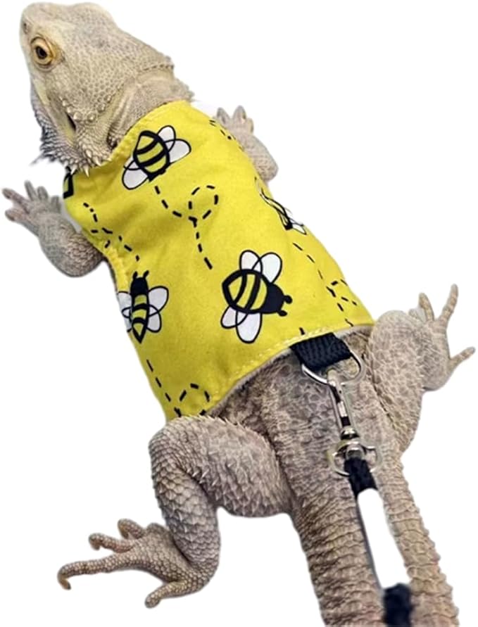 Lizard Clothes with Leash for Real Lizard,Bearded Dragon Harness and Leash Set,Leopard Gecko Costume,Reptile Hoodies Apparel for Skin Protection (Bee)