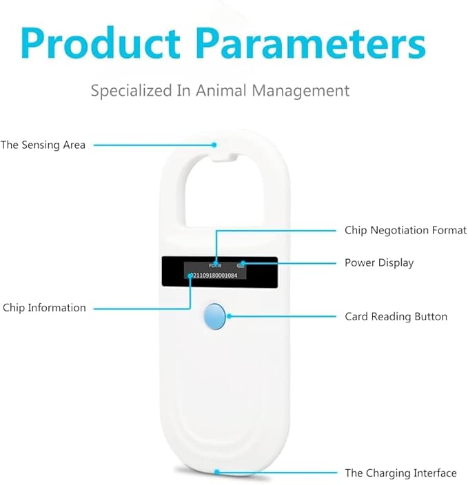 Microchip Reader, Rechargeable Pet RFID EMID Micro Chip Reader Scanner 134.2kHz 125kHz 15 Digits Supports FDXB (ISO11784 / 11785) for Dogs Cats Pigs Animal (White)