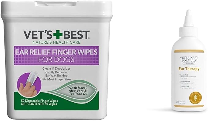 Vet's Best Ear Relief Finger Wipes | Ear Cleansing Finger Wipes for Dogs & Veterinary Formula Clinical Care Ear Therapy, 4 oz.