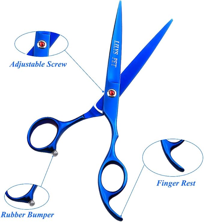 LILYS PET Professional PET DOG Grooming Coated Titanium scissors suit Cutting&Curved&Thinning shears (7.0 inches, Blue)…