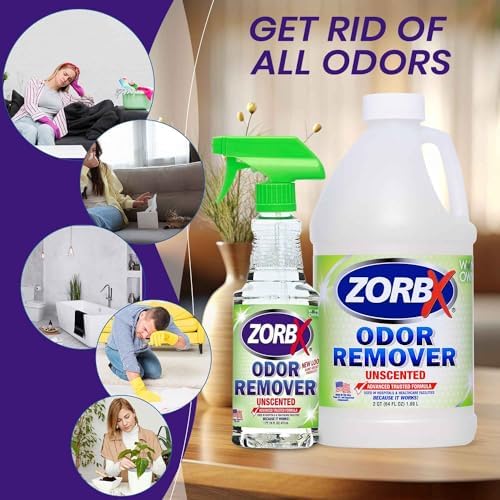 ZORBX Unscented Odor Eliminator for Strong Odor - Used in Hospitals & Healthcare Facilities | Advanced Trusted Formula, Fast-Acting Odor Remover Spray for Dog, Cat, House & Carpet (16 Oz + 64 Oz)