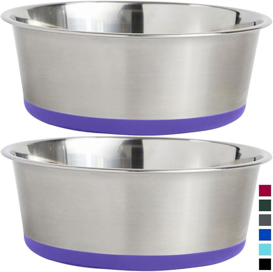 Gorilla Grip Stainless Steel Metal Dog Bowl Set of 2, Rubber Base, Heavy Duty Feeding Dishes, Food Grade BPA Free, Less Sliding, Quiet Pet Bowls for Cats and Dogs, Holds 6 Cups (48 fl oz), Purple