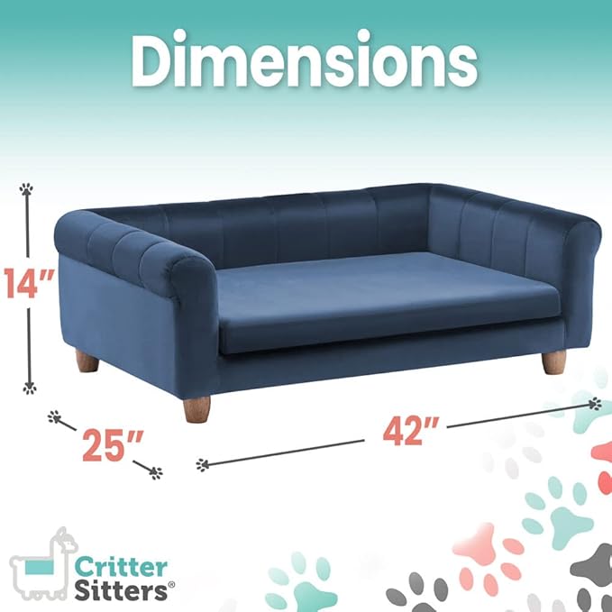 Critter Sitters 42-In. Elegant Navy Faux-Velvet Rectangular Dog Sofa for Medium and Large Dogs, Elevated Plush Dog Couch, Modern and Stylish Dog Sofa for Large Dogs, Comfortable Dog Bed