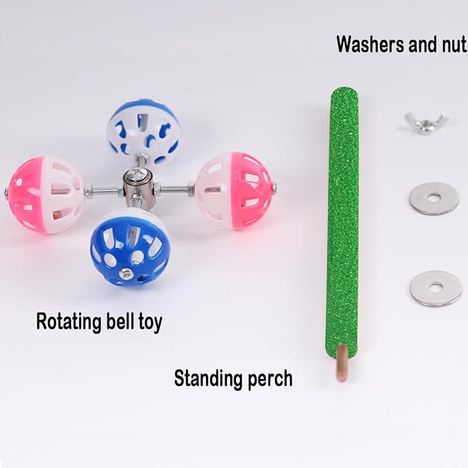 Perch Toy with Rotating Balls Suit for Small and Medium Birds, Budgies, Budgerigars, Parakeets, Parrots, Cockatiels, Parrotlets, Lovebirds, Ringnecks, Conures (Natural Quartz Sands, Green)