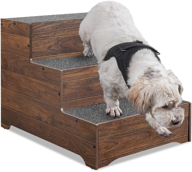 beeNbkks Dog Stairs Furniture, Extra Wide Wooden Pet Steps for Medium Large Dogs and Cats, Non-Slip Pet Ladder for Elderly Injured Pets Short Legged Puppy to Reach Couch Sofa High Bed Windowsill