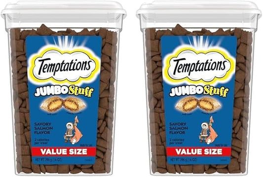 Temptations Jumbo Stuff Crunchy and Soft Cat Treats, Savory Salmon Flavor, 14 oz. Tub (Pack of 2)