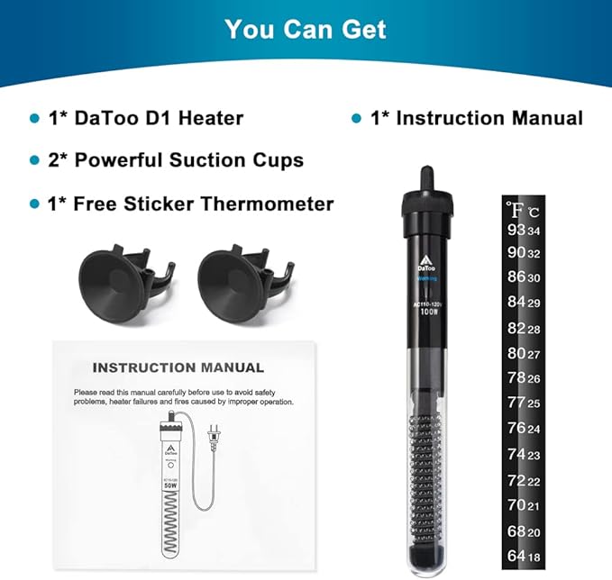 Aquarium Heater Adjustable 100W Submersible Fish Tank Heater with Electronic Chip Thermostat Suitable for Marine Saltwater and Freshwater