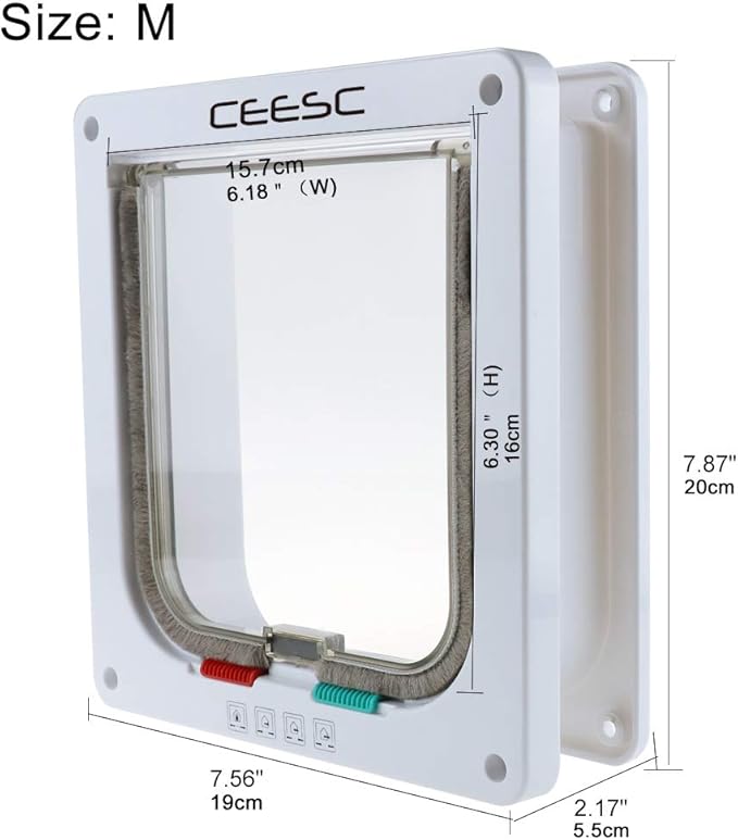 CEESC Cat Flap Door Magnetic Pet Door with 4 Way Lock for Cats, Kitties and Kittens, 3 Sizes and 2 Colors Options (M- Inner size: 6.18"(W) x 6.30"(H), White)