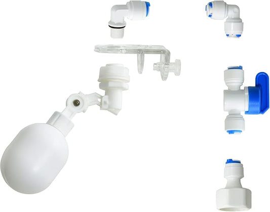 1/4 inch Plastic Adjustable Tube Float Valve Kit for Aquarium Water purifiers , Auto Water Filler Controller Auto-top-Off System, RO Water Reverse Osmosis System (1 Float + 5 Connect)