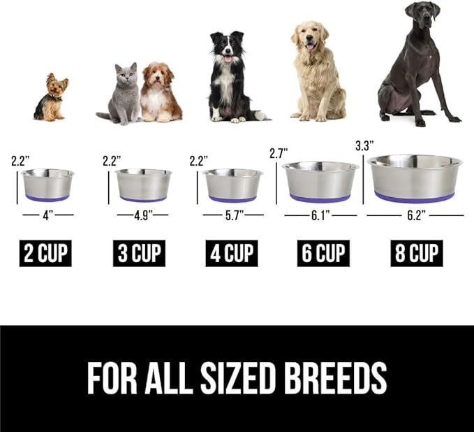 Gorilla Grip Stainless Steel Metal Dog Bowl Set of 2, Rubber Base, Heavy Duty Feeding Dishes, Food Grade BPA Free, Less Sliding, Quiet Pet Bowls for Cats and Dogs, Holds 6 Cups (48 fl oz), Purple