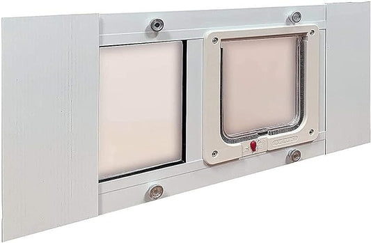 Ideal Pet Products Aluminum Sash Window Pet Door, Adjustable to Fit Window Widths from 23" to 28", Cat Flap 6-1/4” x 6-1/4” Flap Size