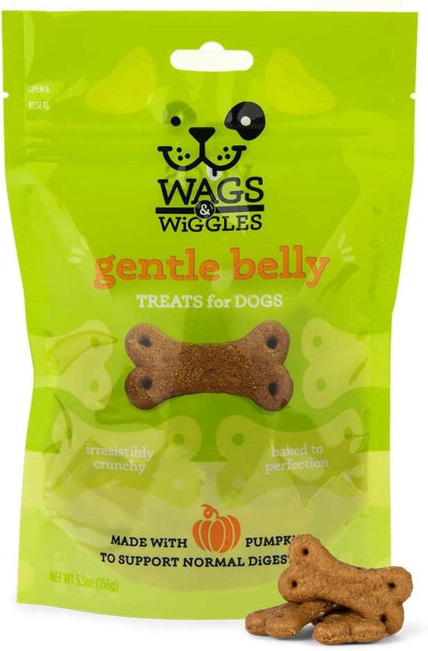 Wags & Wiggles Gentle Belly Functional Treats for Dogs, Chicken Flavor, 5.5 Resealable Bag| Digestive Support | Pumpkin Dog Treats for Dogs with Sensitive Bellies