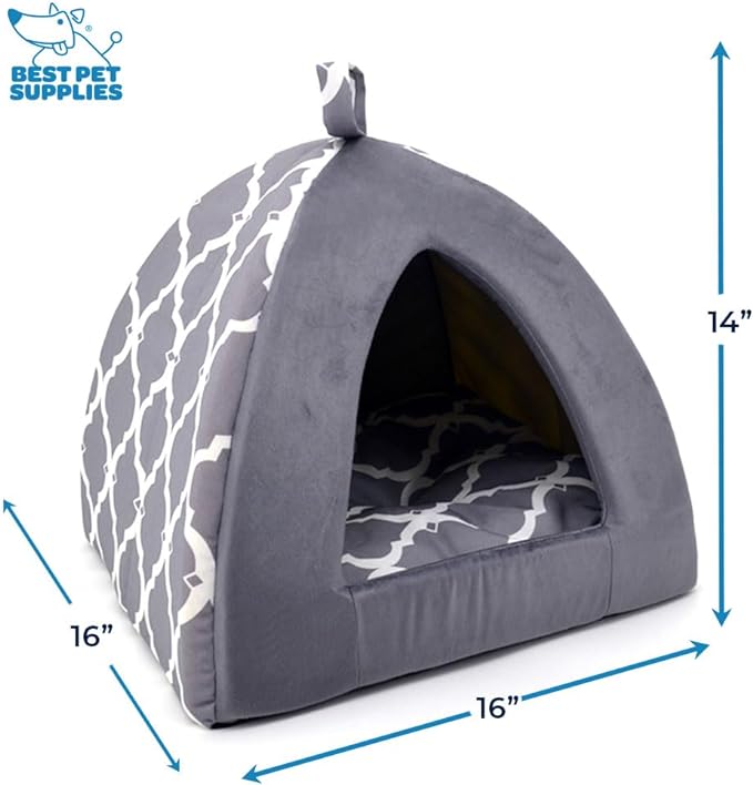 Pet Tent - Soft Bed for Dog and Cat by Best Pet Supplies - Gray Lattice, 16" x 16" x H:14"