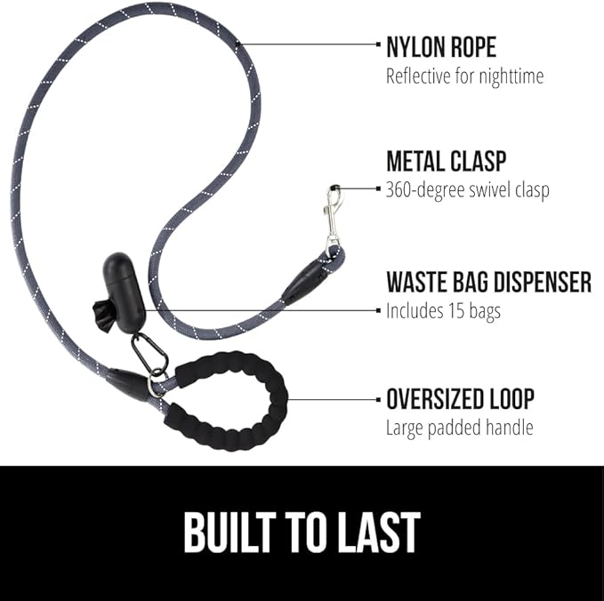 Gorilla Grip Heavy Duty Dog Leash, Soft Handle, Strong Reflective Rope for Night Pet Walking, Small Medium Large Animals, Durable Puppy Training Leashes, Rotating Metal Clip, Waste Bag Dispenser, Gray