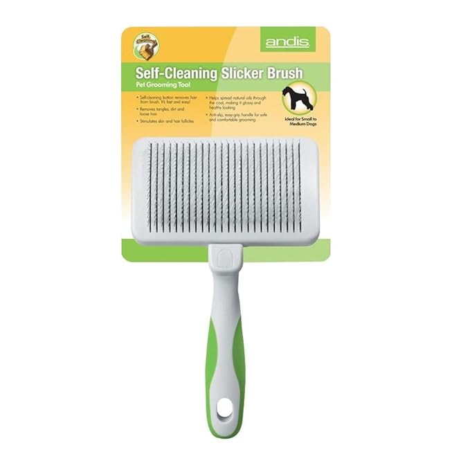 Andis 40160 Self-Cleaning Animal Slicker Brush - Grooming Brush for Pet Deshedding Fur - Reduces Shedding Up to 90%, Removes Tangles, Dirt & Loose Hair - Ideal Gift for Pet Lovers – White,Silver Small