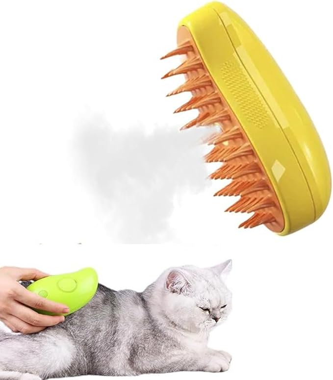 Cat Steam Brush, Steamy Cat Brush, 3 in 1 Spray Cat Brush, Self Cleaning Steam Cat Brush for Massage, Cat Steam Brush for Removing Knots and Loose Hair (Yellow)