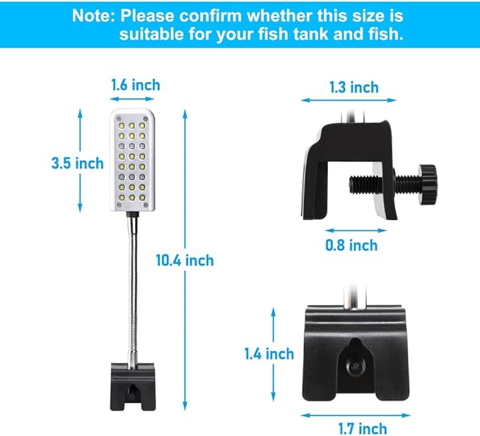 Aquarium Light Clamp Fish Tank Light White and Blue LEDs 3W Aquarium Clip On Light with 3 Lighting Modes and Timer&Dimmer, 1 Yr Warranty