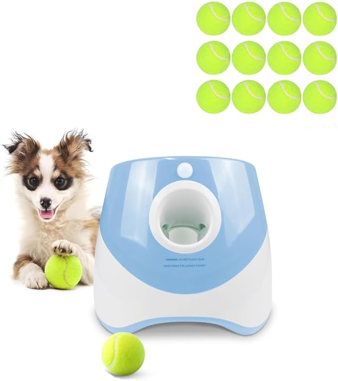 Ball Launcher for Dogs, Automatic Dog Ball Launcher with 12 Tennis Ball, Interactive Dog Toys Pet Ball Indoor Outdoor Thrower Machine (Blue Automatic Tennis Ball)