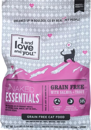 I and love and you Naked Essentials Dry Cat Food - Salmon + Trout - Grain Free, Real Meat, No Fillers, Prebiotics + Probiotics, 3.4lb Bag