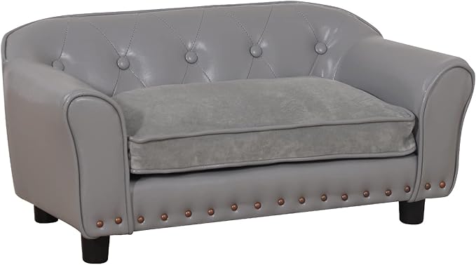 Dog Sofa and Chair/Luxury PU Leather Pet Sofa Chair/with Copper Nail Dog Couch/Wooden Frame Cat Sofa Chair/Dog Sofa Bed with Suede Cushion for Small Dog Using (Grey)