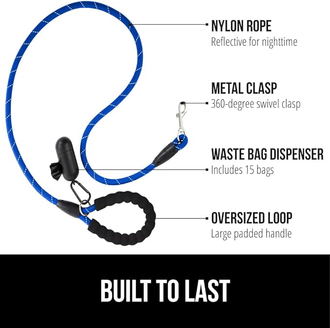 Gorilla Grip Heavy Duty Dog Leash, Soft Handle, Strong Reflective Rope for Night Pet Walking, Small Medium Large Animals, Puppy Training Leashes, Rotating Metal Clip, Waste Bag Dispenser, Royal Blue