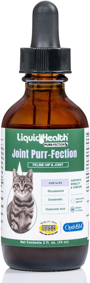 LIQUIDHEALTH 2.3 Oz Liquid Cat Glucosamine Joint Purr-Fection - Hip and Joint Support, Chondroitin Feline Droppers - Senior Older Cats, Kittens